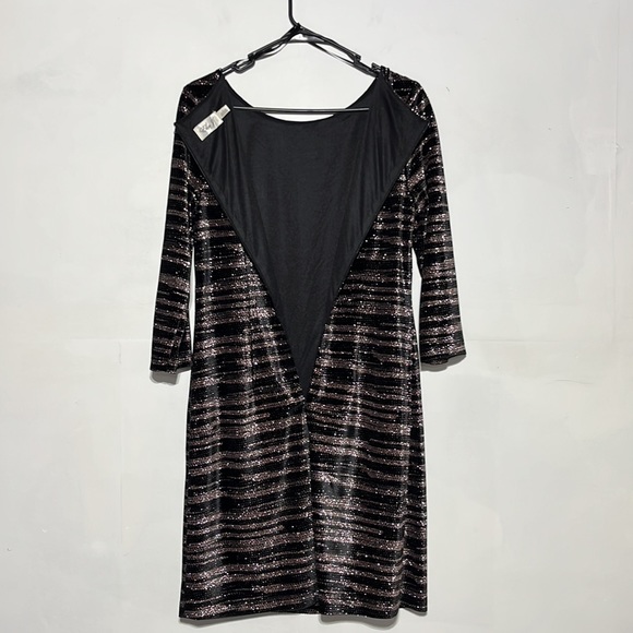 Eliza J Black Gold Sparkly Metallic 3/4 Sleeve Knee Length Cocktail Dress Size 8 - Picture 8 of 8
